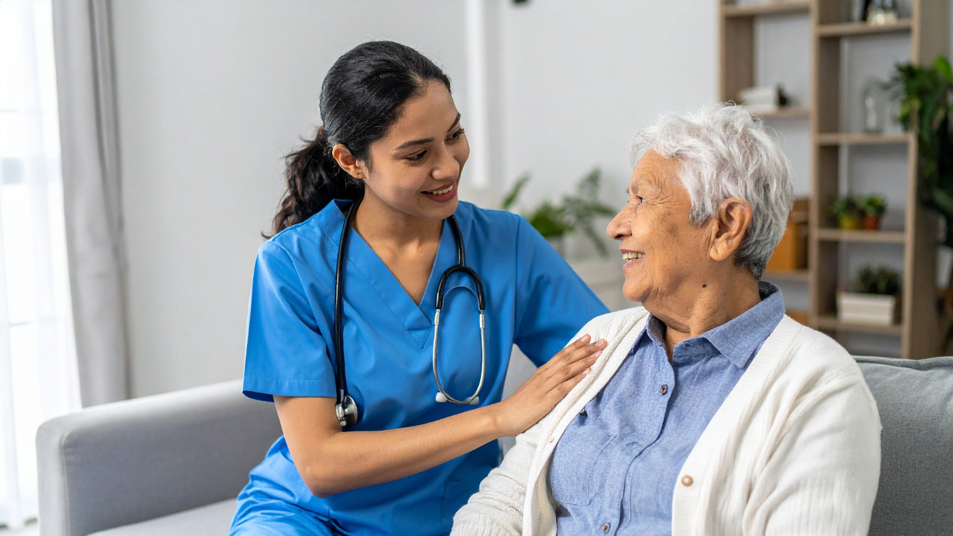 Nurse assisting senior woman at home