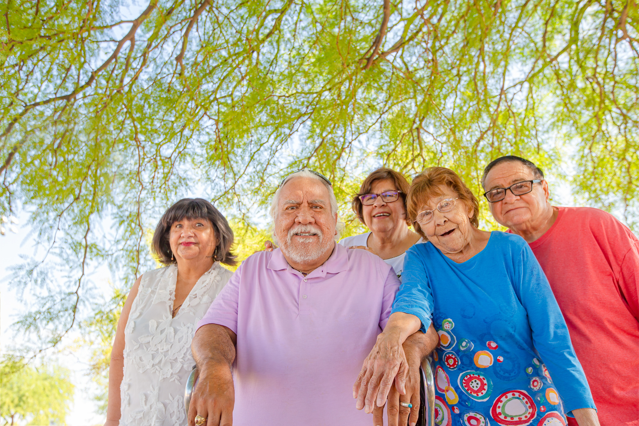 Group of smiling senior friends standing under tree