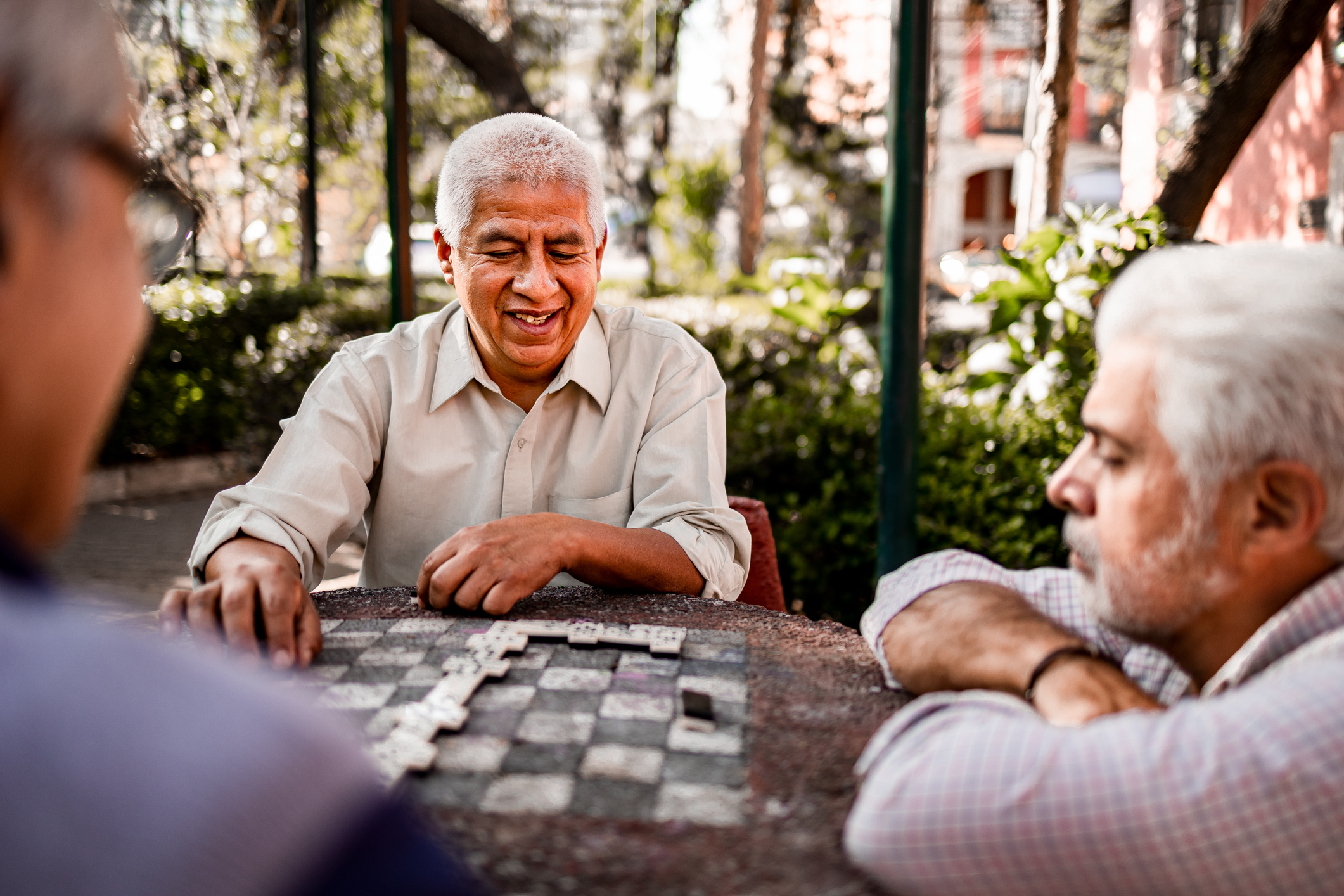 Group of senior men playing dominoes at park