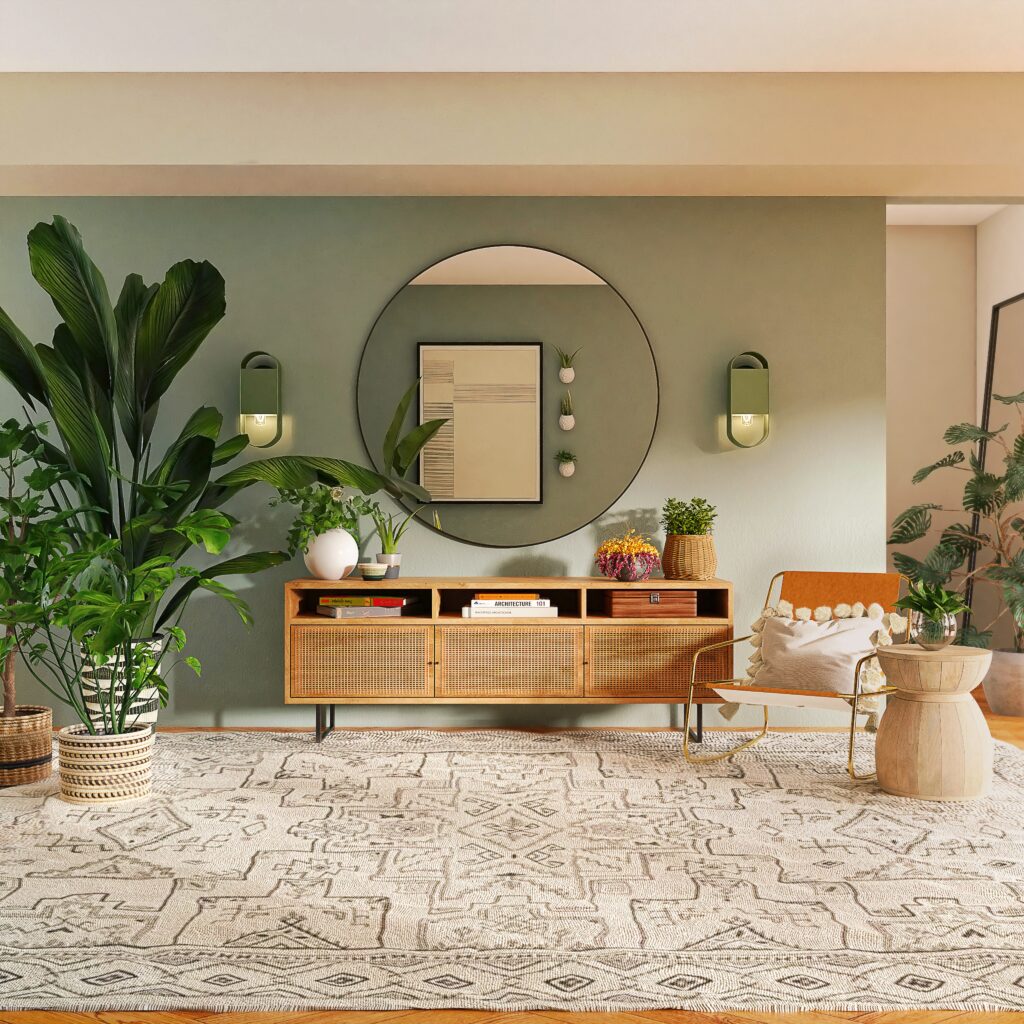 A wide shot of a living room with a midcentury modern console and a round mirror above it on the wall and lots of large green indoor plants